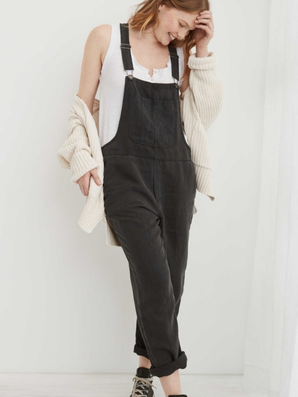 Aerie Baggy Gray Linen Overalls Sz M